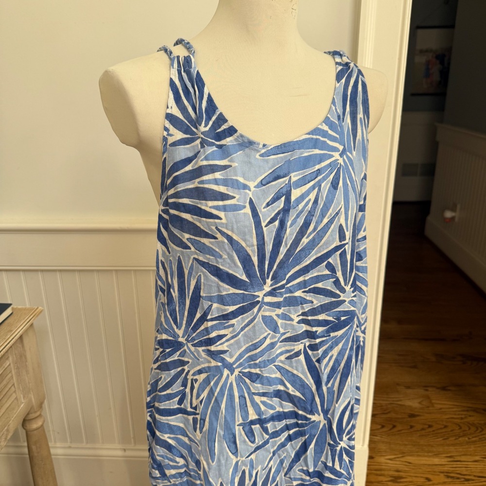 Sigrid Olsen Linen Blend Maxi Dress Blue White Tropical Palm Print Medium NWT - Picture 2 of 6